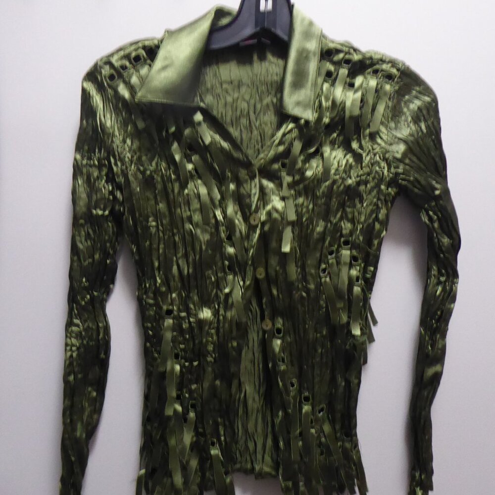 SIMON CHANG Stunning Emerald Green Creased Button Blouse